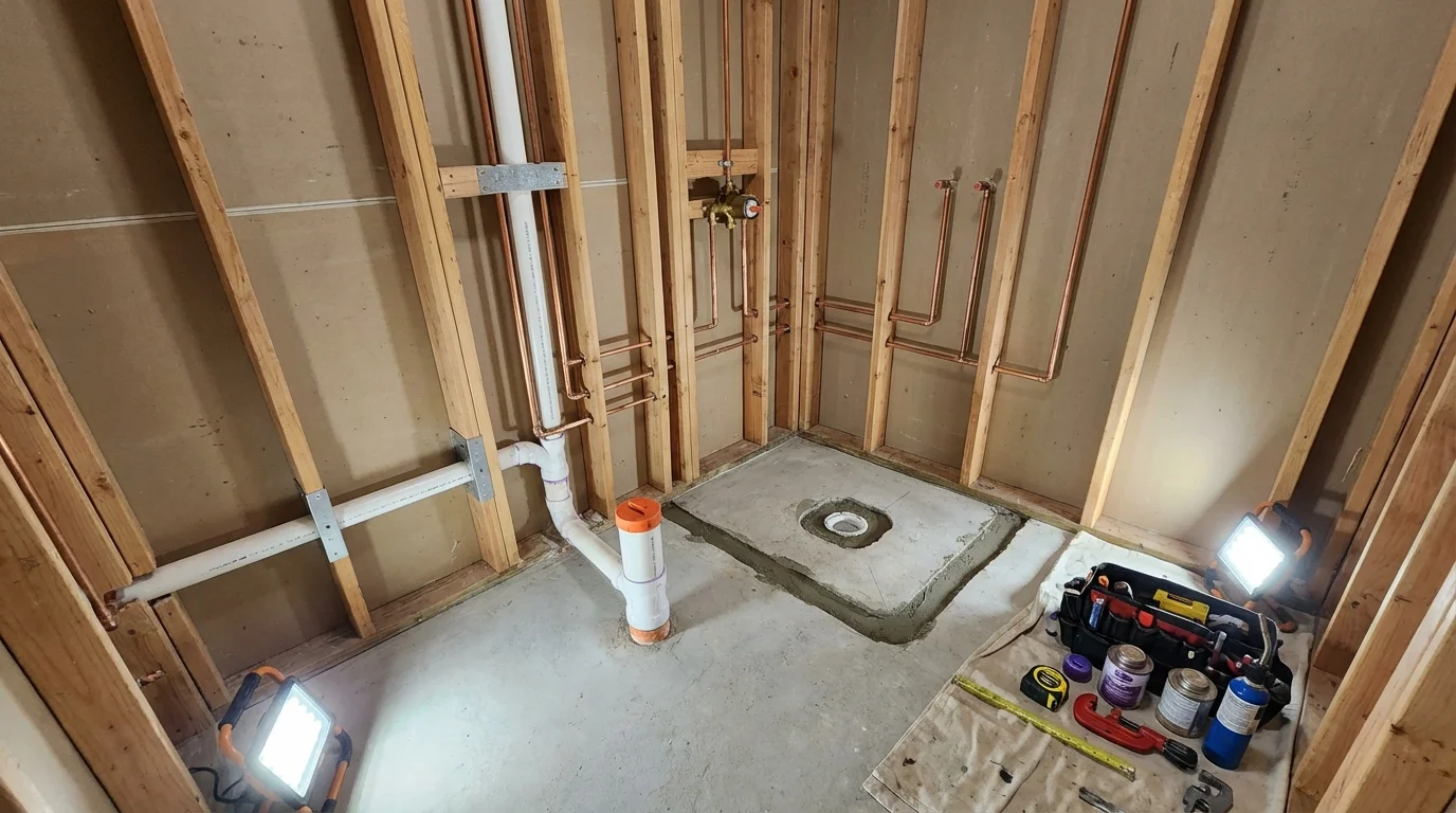 Bathroom rough-in plumbing during remodel by Johns Plumbing LLC in Berry Creek