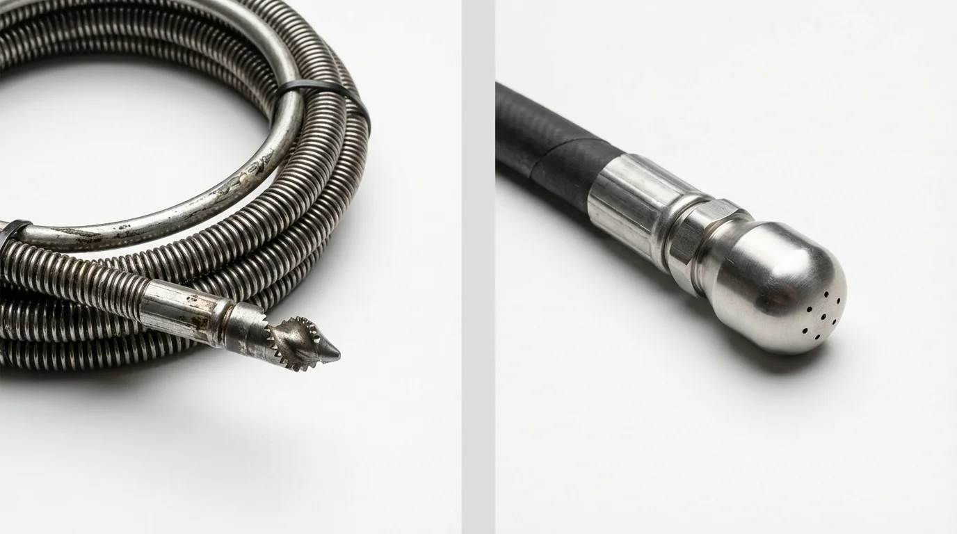 Drain snake cable and hydro jetting nozzle used for drain cleaning in Berry Creek, CA
