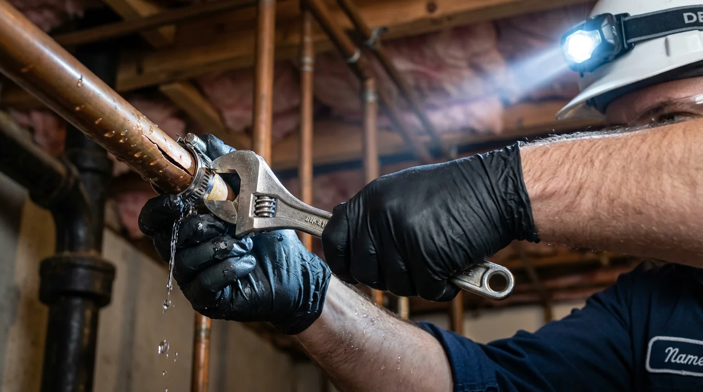 Emergency pipe clamp repair being performed by a Johns Plumbing LLC plumber in Berry Creek
