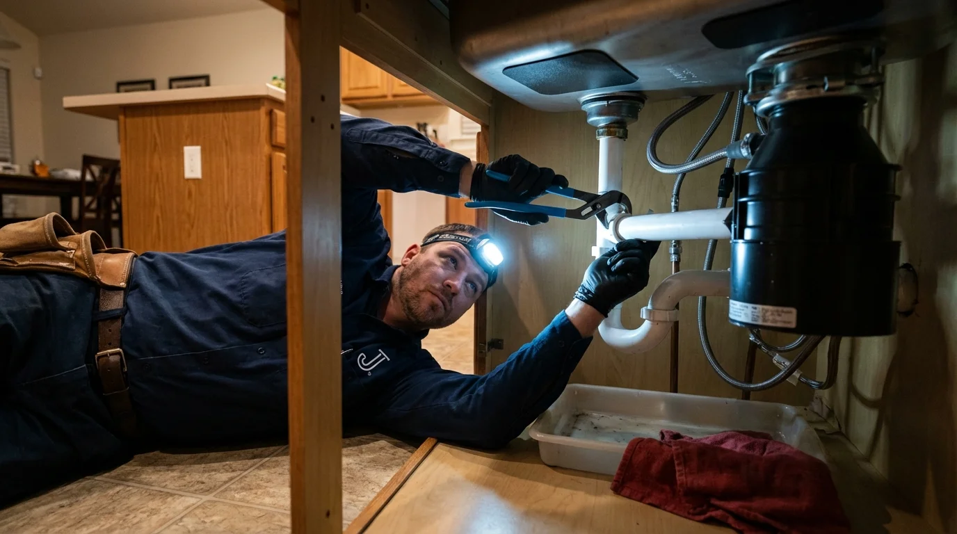 P-trap and supply line connections under a kitchen sink showing a common leak point in Berry Creek, CA